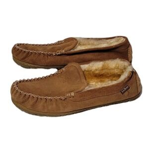 LL Bean Mens Size 10M Brown Suede Wicked Good Shearling Lined Venetian Slippers
